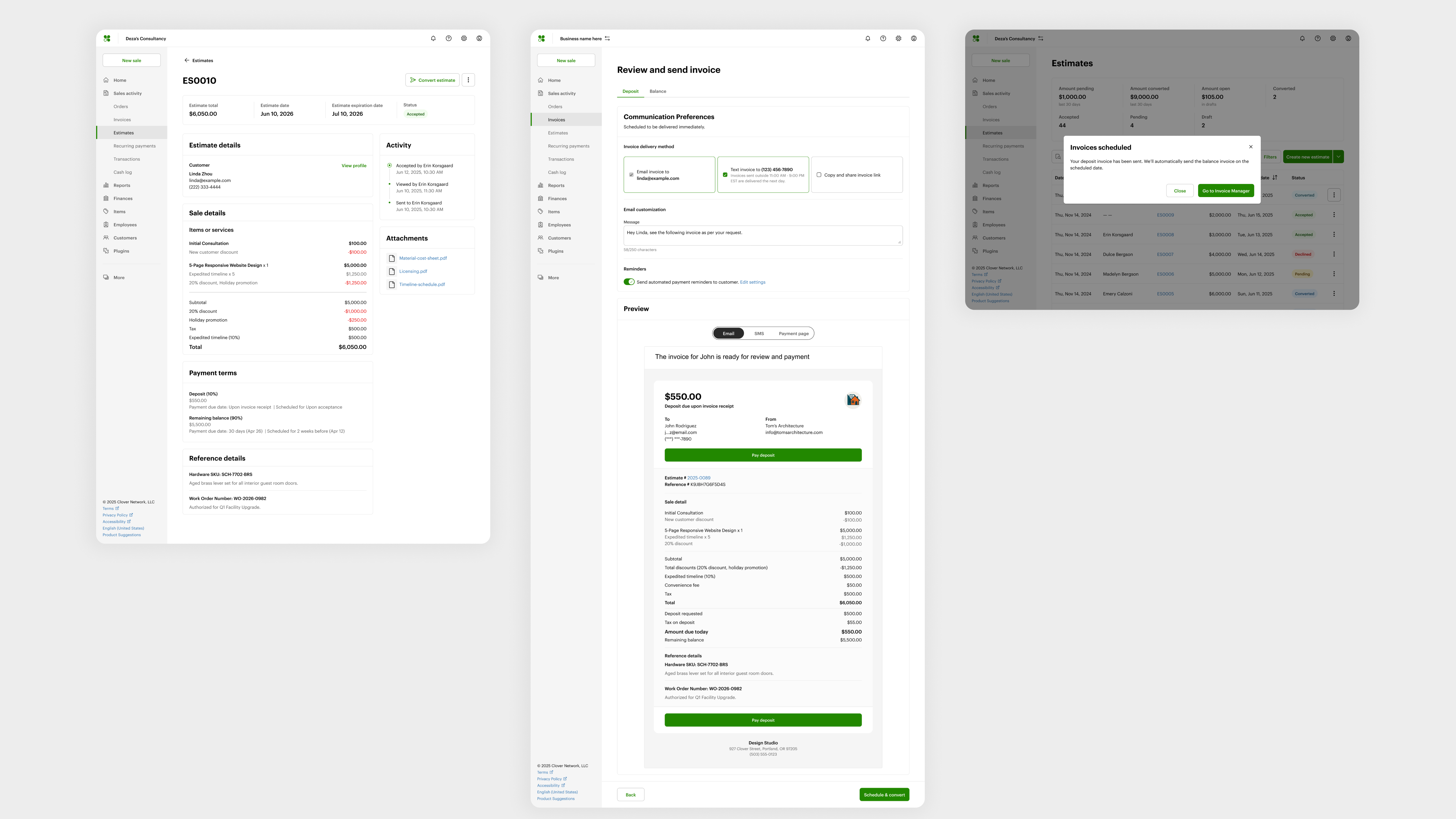 Convert to invoice — accepted estimate through invoice review and delivery