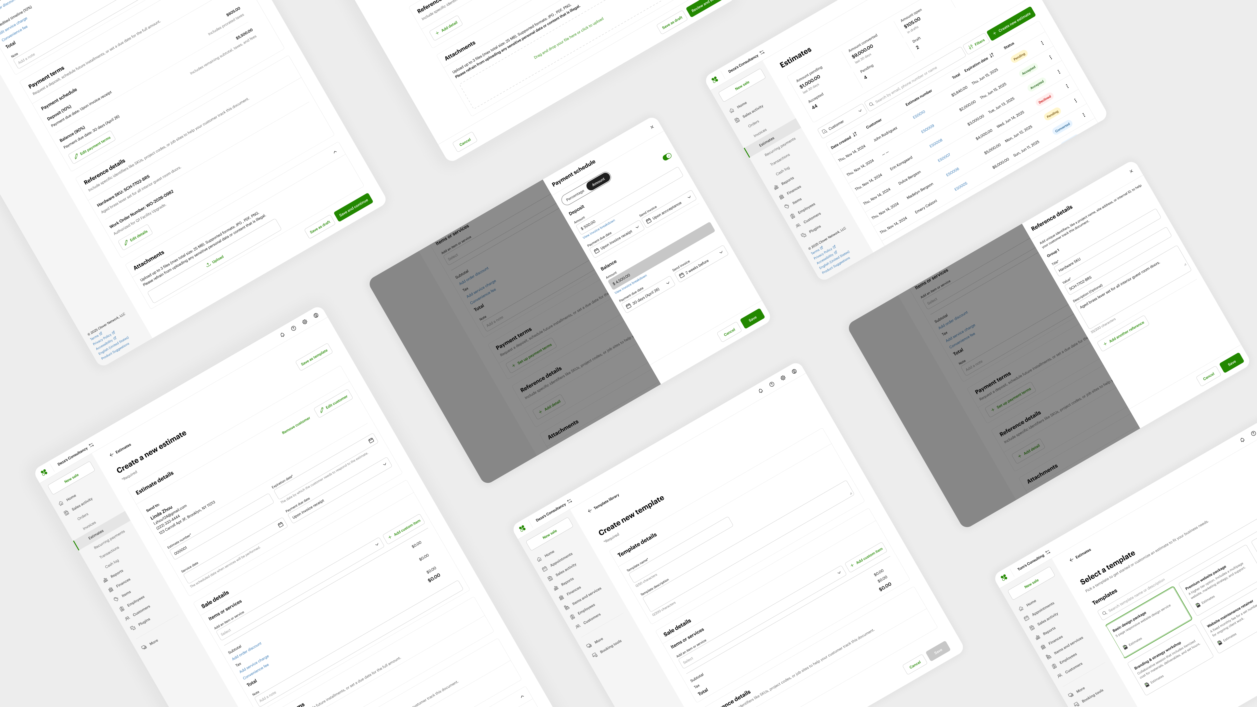 Estimate creation merchant view — the full scope of screens across the estimates feature