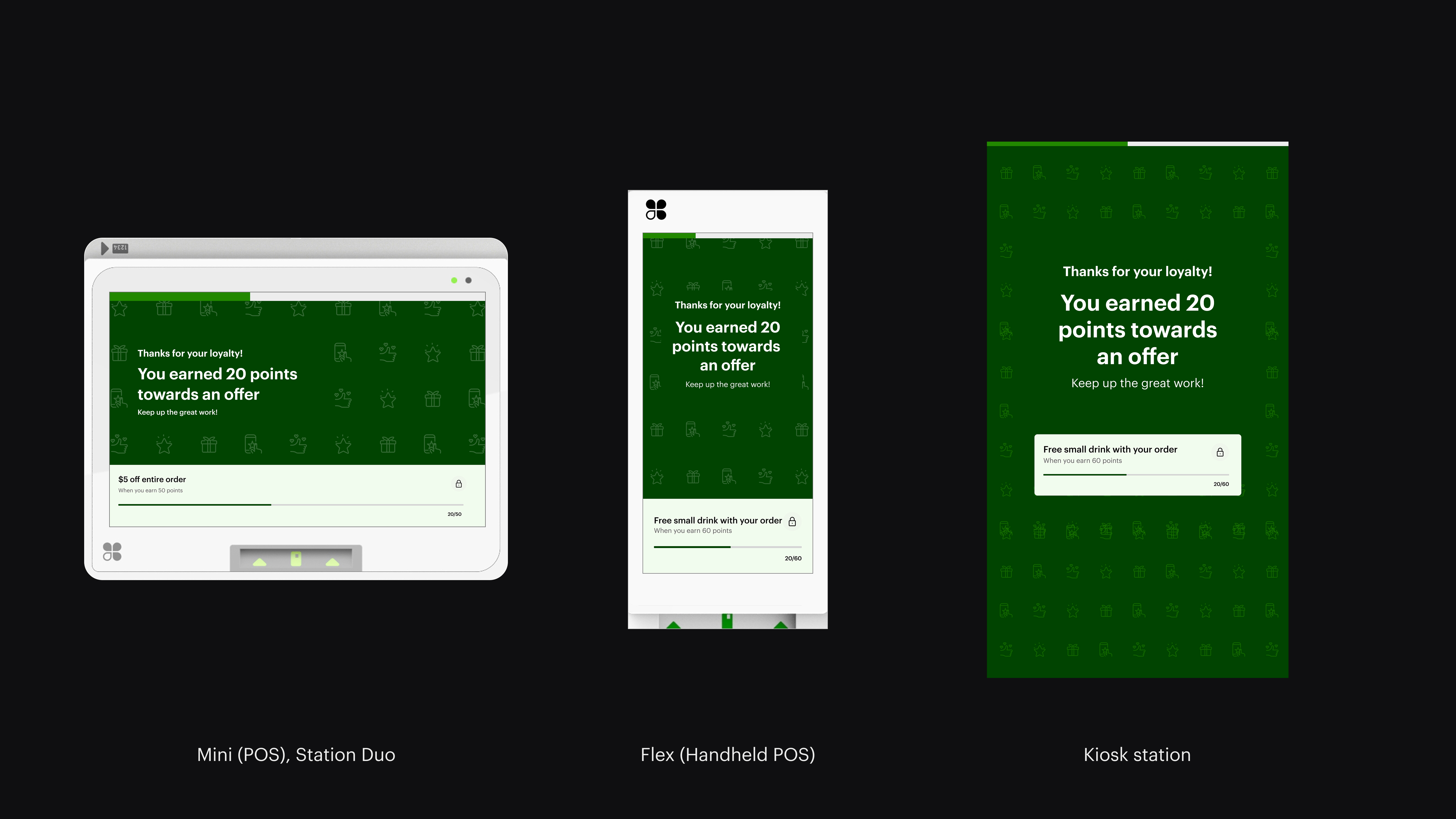 Loyalty experience across the Clover device suite — station, mini, and flex