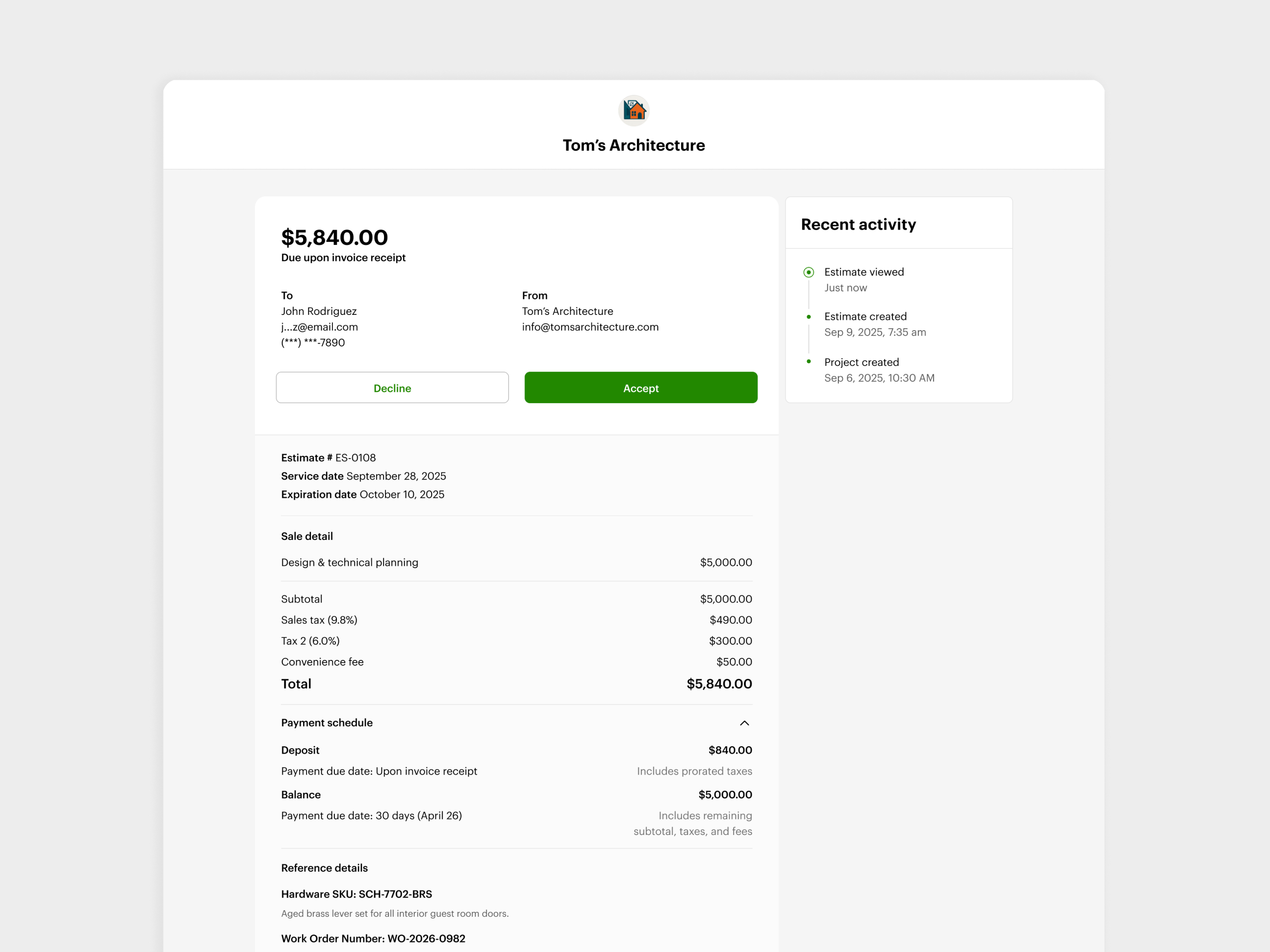 Client web approval view — estimate details with accept and decline actions